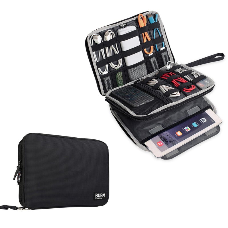 BUBM Double Layer Electronics Organizer/Travel Gadget Bag For Cables,Memory Cards,Flash Hard Drive and More,Fit For iPad Or Tablet(Up To 9.7")--Large, Black - Image 1